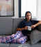 Women summer pajama set Dark Blue Tee + Purple X Navy Plaid Pants